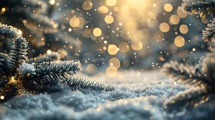Beautiful winter background image of frosted spruce branches and small drifts of pure snow with bokeh Christmas lights and space for text. Generative Ai - obrazy, fototapety, plakaty