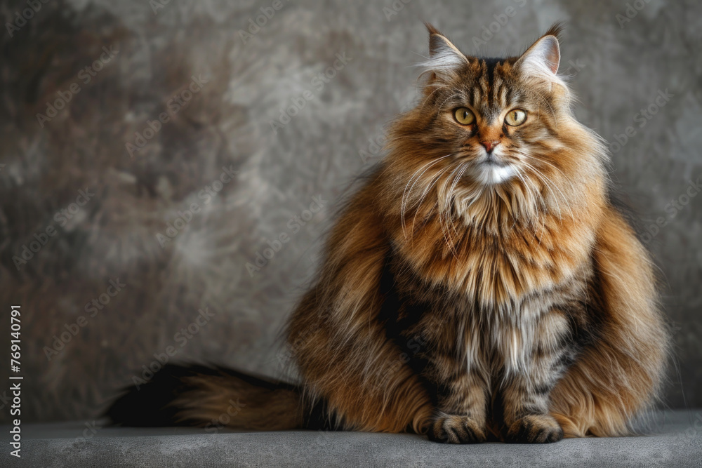 Wall mural A pedigreed cat poses for a portrait in a studio with a solid color background during a pet photoshoot.

