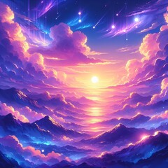 An anime-style oil painting featuring a beautiful landscape with a sunset sky filled with colorful clouds in shades of purple, creating a magical and captivating view perfect for wallpaper.