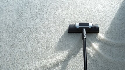 Close up of Vacuum cleaner head gliding over fluffy beige rug. Carpet cleaning. Concept of home...