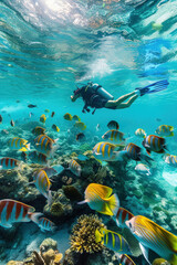 buceadores a bombona con traje de buceo buceando con bombona en el paraí­so rodeados de muchos peces y seres marinos