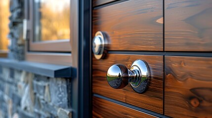 A modern door knob on a wooden sleek, contemporary door. Door handle. Concept of home entrance, warmth, cozy ambiance, welcoming spaces, and hospitable areas. - obrazy, fototapety, plakaty