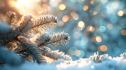Beautiful winter background image of frosted spruce branches and small drifts of pure snow with bokeh Christmas lights and space for text. Generative Ai - obrazy, fototapety, plakaty
