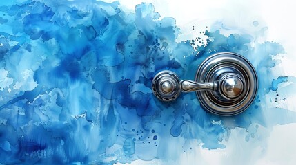 Artistic Watercolor illustration of door knob on blue door. Door handle. Concept of home entrance, warmth, cozy ambiance, welcoming spaces, and hospitable areas. Watercolor splash. Aquarelle art