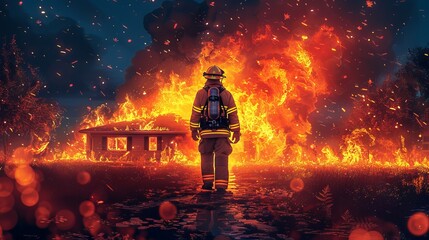 Firefighter approaching fully engulfed home at night. Heroic firefighter ready to tackle a catastrophic residential fire. Concept of bravery, emergency action, peril, and firefighting. Artwork - obrazy, fototapety, plakaty