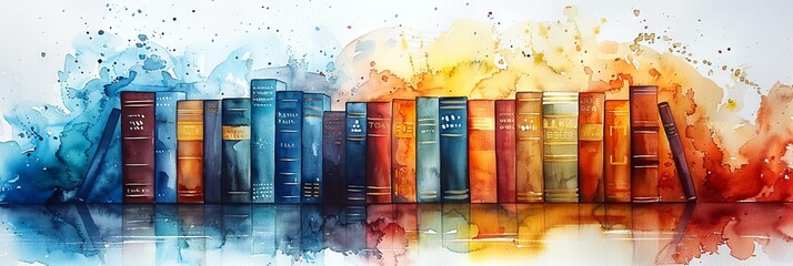 Books in a row. A colorful assortment of books. Concept of education, reading, knowledge, and library collection. Banner. Bright Watercolor illustration. Aquarelle splash - obrazy, fototapety, plakaty