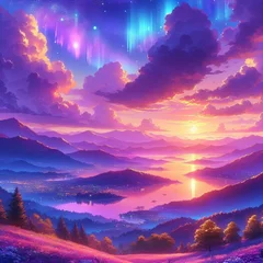 Naadloos Fotobehang Airtex Pruim An anime-style oil painting featuring a beautiful landscape with a sunset sky filled with colorful clouds in shades of purple, creating a magical and captivating view perfect for wallpaper.