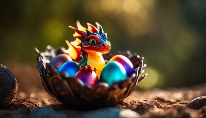 A vibrant figurine of a dragon hatchling sits among multicolored eggs in a nest, illuminated by soft sunlight filtering through a blurred background. - obrazy, fototapety, plakaty