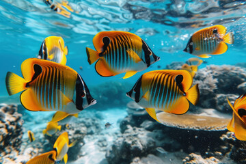 buceadores a bombona con traje de buceo buceando con bombona en el paraí­so rodeados de muchos peces y seres marinos