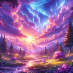 An anime-style oil painting featuring a beautiful landscape with a sunset sky filled with colorful clouds in shades of purple, creating a magical and captivating view perfect for wallpaper.