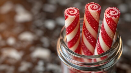 Fototapeta na wymiar a jar filled with candy canes sitting on top of a wooden table next to a pile of white and red candy canes.