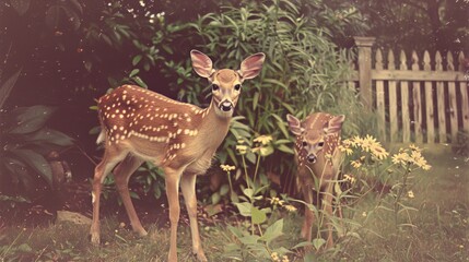 a couple of deer standing next to each other on a lush green forest filled with lots of wildflowers.