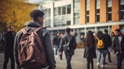 African male student with a backpack at a university campus. Back view of man. Concept of academic aspirations, higher education, student diversity, new beginnings, and cultural integration - obrazy, fototapety, plakaty
