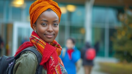 Beautiful African female student refugee with backpack at university. Smiling woman. Concept of academic aspirations, new beginnings, immigrant education, refugee integration, diversity. Copy space - obrazy, fototapety, plakaty