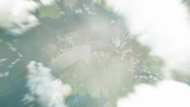 Earth zoom in from space to Cacheu, Guinea-Bissau. Followed by zoom out through clouds and atmosphere into space. Satellite view. Travel intro. Images from NASA