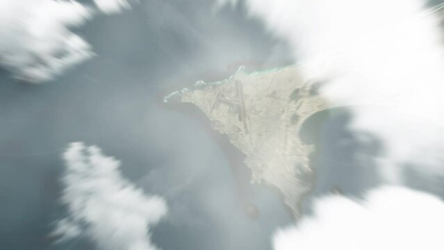 Earth zoom in from space to Dakar, Senegal. Followed by zoom out through clouds and atmosphere into space. Satellite view. Travel intro. Images from NASA