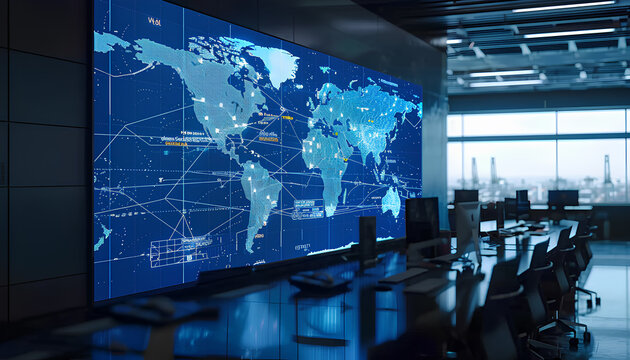 interactive screen in the office of a logistics company with diagrams of cargo routes across the world's oceans and continents