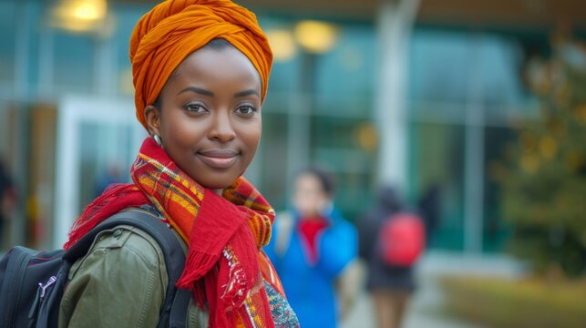 Beautiful African female student refugee with backpack at university. Smiling woman. Concept of academic aspirations, new beginnings, immigrant education, refugee integration, diversity. Copy space