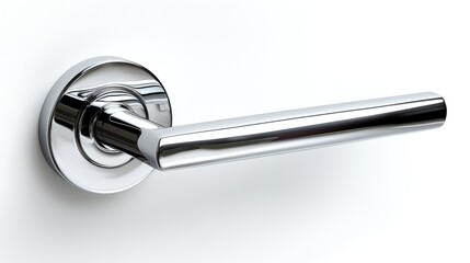 Modern sleek chrome Latch Door Handle isolated on white background. Contemporary doorknob with a glossy finish. Concept of minimalist design, stylish interiors, and modern decor.