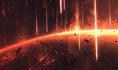 Meteors Showering Down with Intense Heat and Fiery Trails Against the Backdrop of an Inferno-like Space Atmosphere, Generative AI - obrazy, fototapety, plakaty
