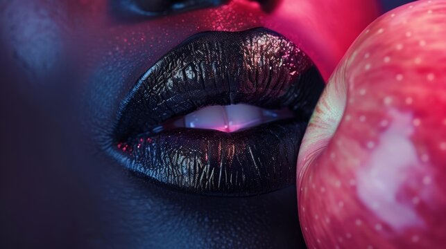 Luscious Black Female Lips Delicately Taking A Bite Of A Pink Juicy Fruit Generative AI