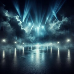Abstract dark scene: wet asphalt reflects rays in water, with smoke and smog. Empty street illuminated by neon lights and spotlights, featuring concrete floor.






