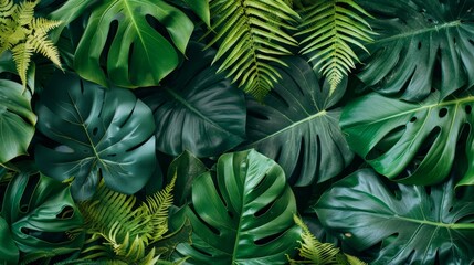 Lush Tropical Backdrop with Monstera, Palm Fern, and Ornamental Plants Generative AI