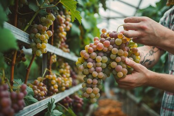 happy organic farmer harvesting grapes in a greenhouse farm, organic grapes harvesting closeup,...