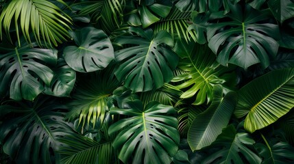 Fototapeta na wymiar Lush Tropical Backdrop with Monstera, Palm Fern, and Ornamental Plants Generative AI