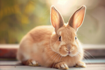 A purebred rabbit poses for a portrait in a studio with a solid color background during a pet photoshoot.


