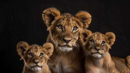 Pristine Pride: Realistic Lion Family on Black Background