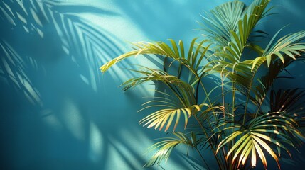 Minimalist Palm Leaves on Blue Background Generative AI