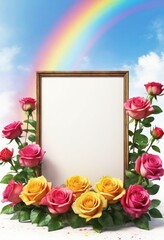 A white board with roses and a rainbow in the background. Colorful template design element. Blank empty mockup. For illustrating articles or blog posts about hope, new beginnings or creativity.