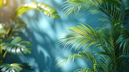 Minimalist Palm Leaves on Blue Background Generative AI