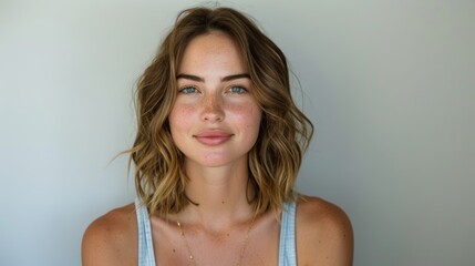Fototapeta premium Portrait of a Serious Woman in a Light Blue Top and Subtle Gold Necklace Generative AI