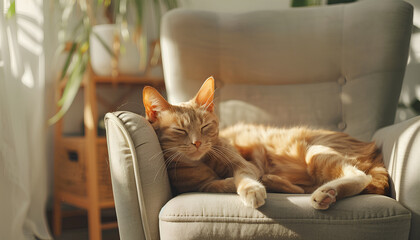 Cute cat lying on grey armchair in living room