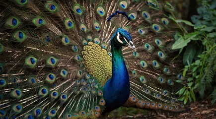 Obraz premium Majestic peacock displaying vibrant tail feathers, exotic male peafowl with iridescent blue neck, colorful bird showing plumage in nature