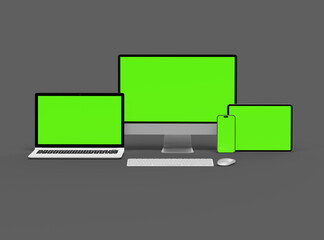 3d render of desktop, laptop, smartphone and tablet on a dark background