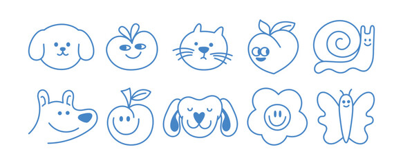 Vector logo design template and graphic elements for advertising, branding, posters and banners, funny cartoon illustrations with smiling character and mascots, abstract stickers and line icons.