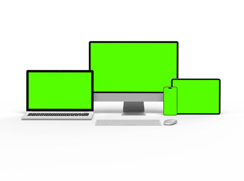3d render of desktop, laptop, smartphone and tablet on a transparent background