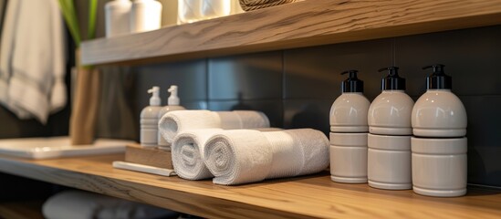 Hotel bathroom amenities in elegant ceramic containers on wooden shelf.