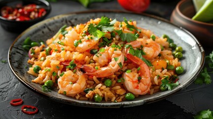 Fototapeta na wymiar Plate with tasty fried rice and shrimps on table, closeup