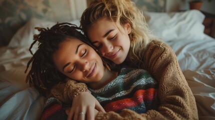 Intimate Moment: Young Lesbian Couple Cuddling at Home Generative AI
