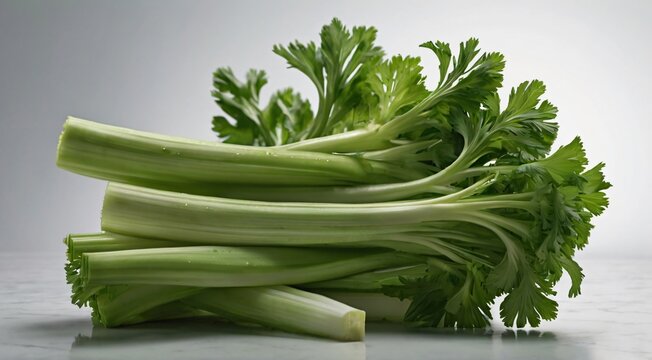 "Generate an impeccable 8K image of a bunch of celery against a brilliant white background, showcasing its crisp green stalks and delicate leaves in exquisite detail, with a focus on clarity and vibra