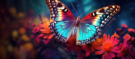 Vivid and brightly colored butterfly resting on a delicate flower with a deep, dark background, creating a striking contrast - obrazy, fototapety, plakaty