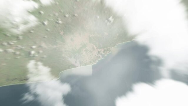 Earth zoom in from space to San-Pedro, C&ocirc;te d'Ivoire. Followed by zoom out through clouds and atmosphere into space. Satellite view. Travel intro. Images from NASA