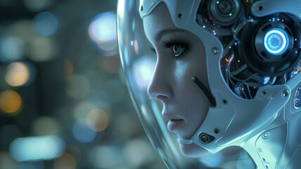 Young woman android head in cybernetic helmet.
- 769143706