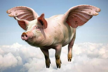An Angelic Pig with Feathered Wings Rests Peacefully Amongst the Fluffy Clouds, Evoking a Sense of Whimsy and Dreamlike Freedom, Generative AI