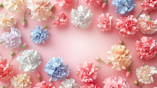 different carnation flowers on the pastel peach background