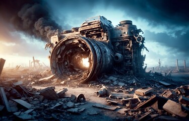 a giant camera shattered amid the chaos of war and destruction